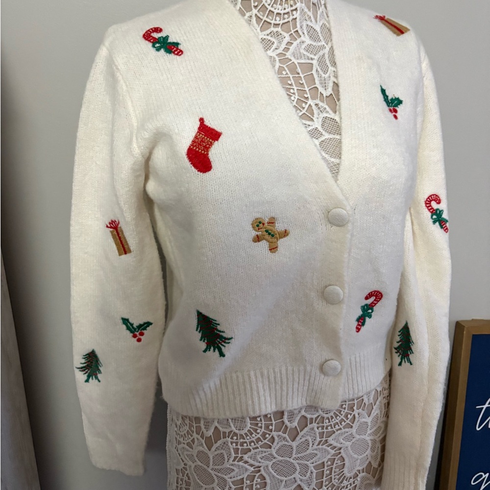Festive White Cardigan Sweater